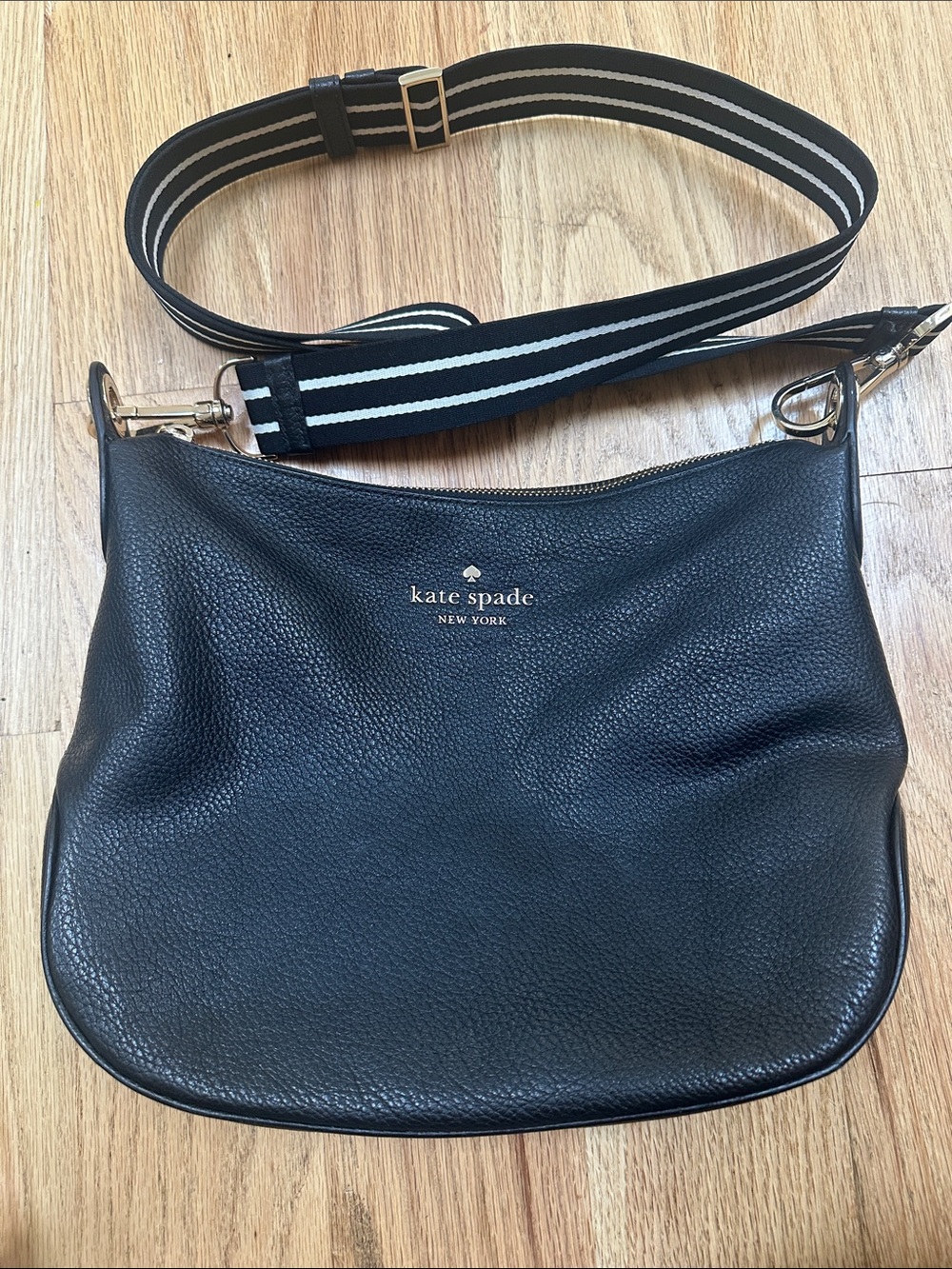 kate spade Black Pebbled Leather Shoulder Bag with Striped Strap